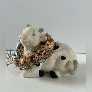 Dreamsicle Collectible Black and White Cow with Floral Wreath